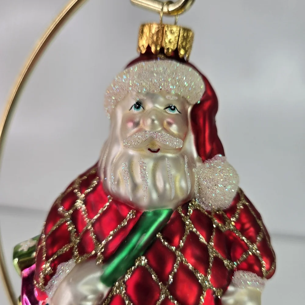 VTG Blown Glass Santa Hanging Ornament With Dangling Legs Toy Sack and Tree‎